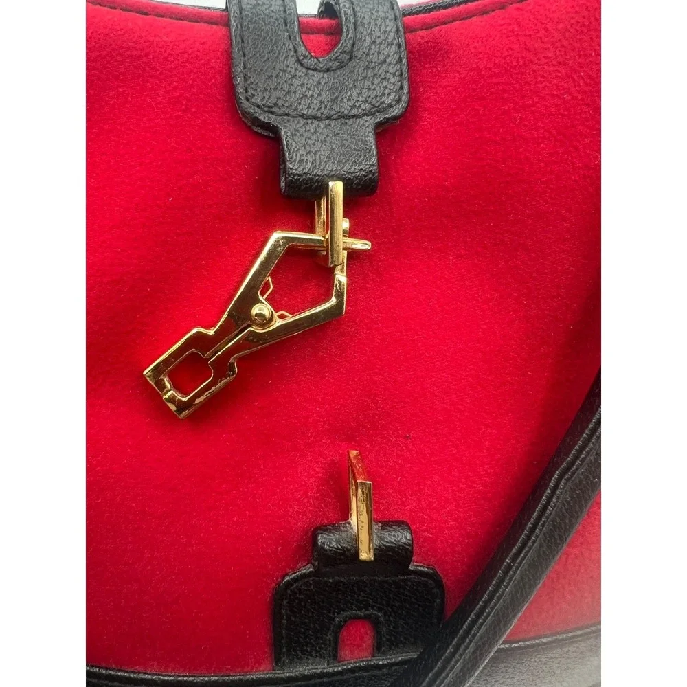 Vintage Red Black Shoulder Handbag Gold Clasp Faux Leather Purse Satchel Tote